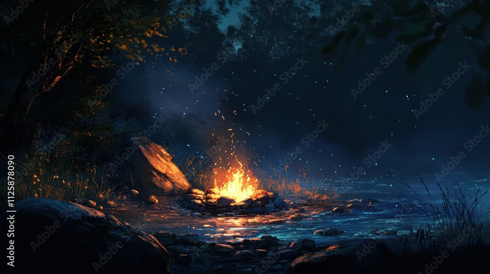 Campfire by river at night, fireflies. Campfire by river at night, fireflies.