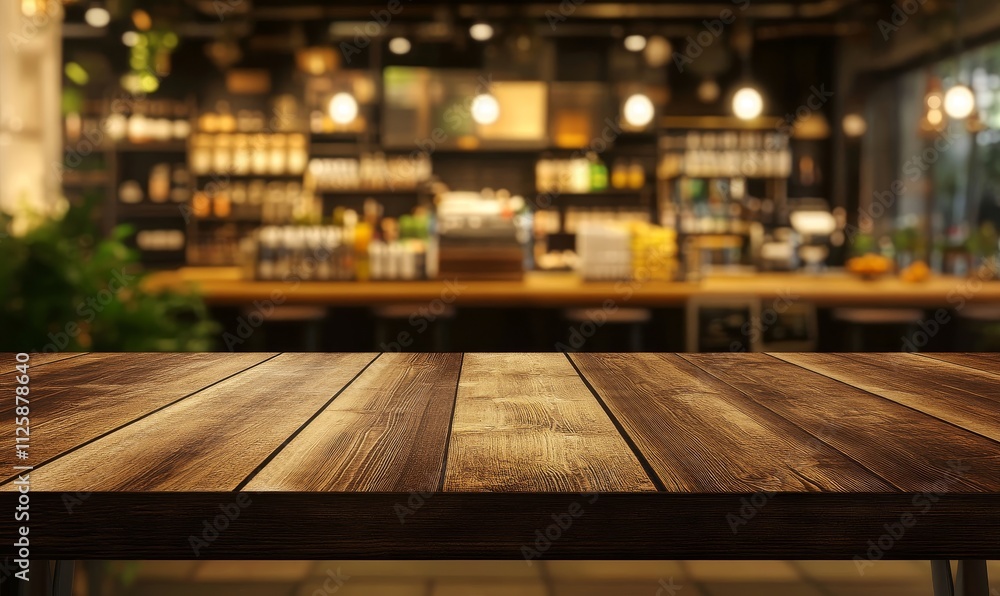 Empty wooden table in front of blurred bar. Empty wooden table in front of blurred bar.