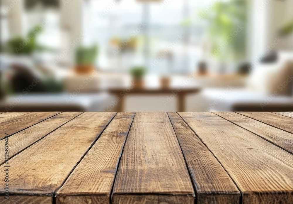 Empty wooden table in blurred living room background. (2) Empty wooden table in blurred living room background. (2)