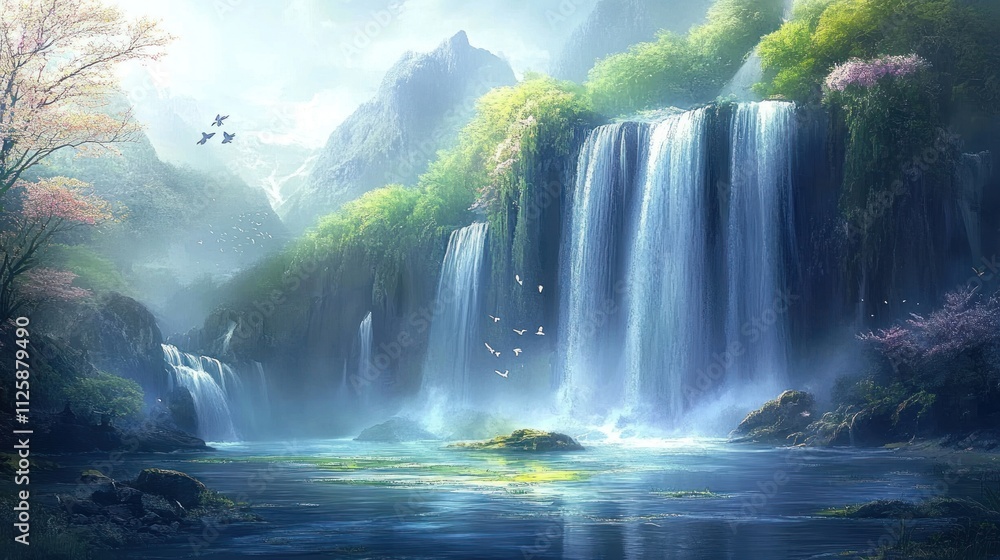 Serene Waterfall in a Mystical Mountain Valley Serene Waterfall in a Mystical Mountain Valley