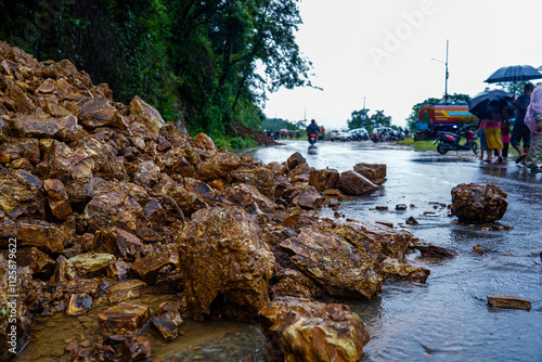 Landslide on road blockage in kathmandu, Nepal. photo