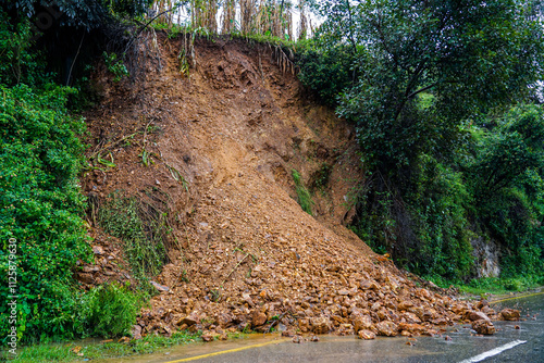 Landslide on road blockage in kathmandu, Nepal. photo