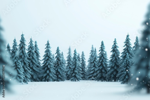 A serene winter forest scene with snow-covered pine trees.