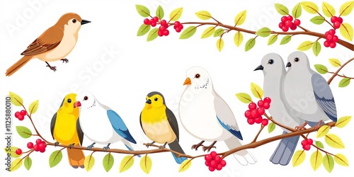 Colorful Birds Perched on a Branch with Berries