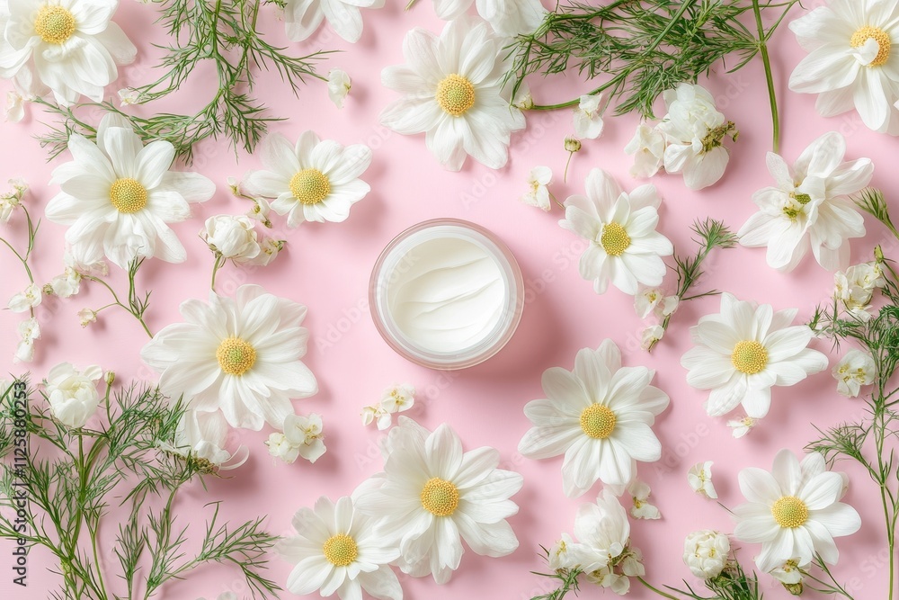 White cream jar surrounded by white daisies and greenery on pink background. White cream jar surrounded by white daisies and greenery on pink background.