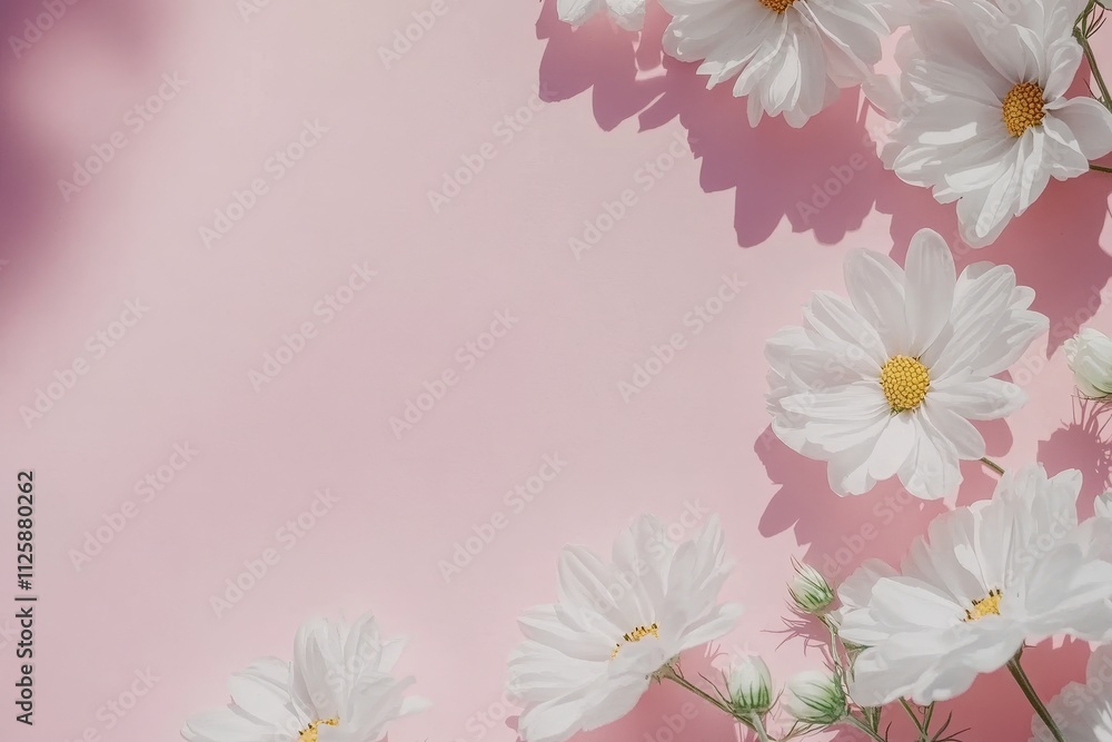 White daisies arranged on a pink background with copy space. White daisies arranged on a pink background with copy space.
