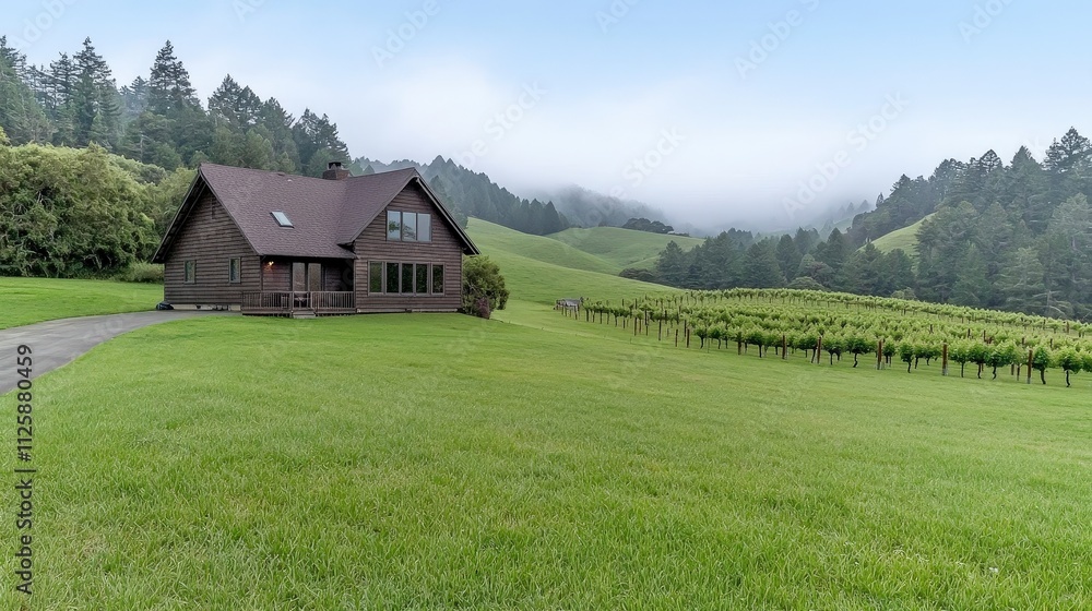 Obraz premium Rustic Vineyard House Rolling Hills Green Landscape Peaceful Countryside Home