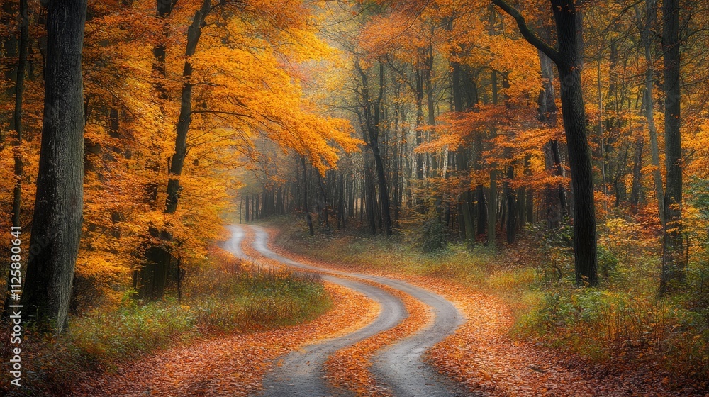 Winding road through autumn forest with vibrant foliage. Winding road through autumn forest with vibrant foliage.