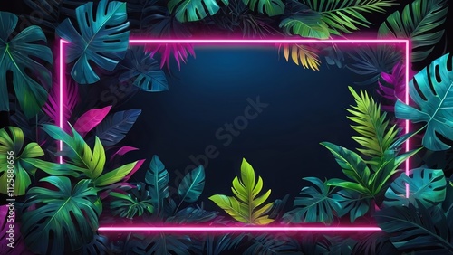 Pink neon frame with bright tropical leaves and copy space. Design template with palm and tropical leaves for disco party