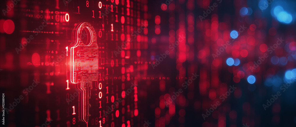 Obraz premium Glowing red key shaped lock with binary code on a dark digital background.