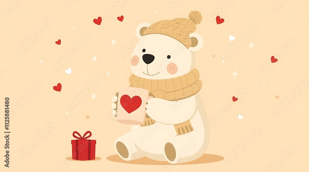 cheerful bear wearing a scarf and Christmas hat holds a steaming tea cup with both hands. Surrounded by floating Christmas tree decorations, a star dangles above, banner-web-flyer-poster-nursery cheerful bear wearing a scarf and Christmas hat holds a steaming tea cup with both hands. Surrounded by floating Christmas tree decorations, a star dangles above, banner-web-flyer-poster-nursery