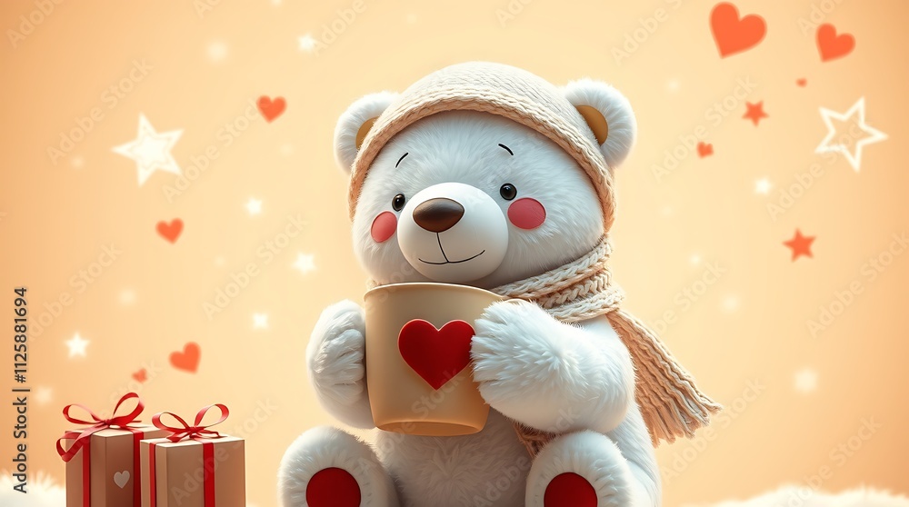 cheerful bear wearing a scarf and Christmas hat holds a steaming tea cup with both hands. Surrounded by floating Christmas tree decorations, a star dangles above, banner-web-flyer-poster-nursery cheerful bear wearing a scarf and Christmas hat holds a steaming tea cup with both hands. Surrounded by floating Christmas tree decorations, a star dangles above, banner-web-flyer-poster-nursery