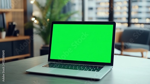 Laptop Computer with Chromakey Green Screen on Modern Business Office Desk