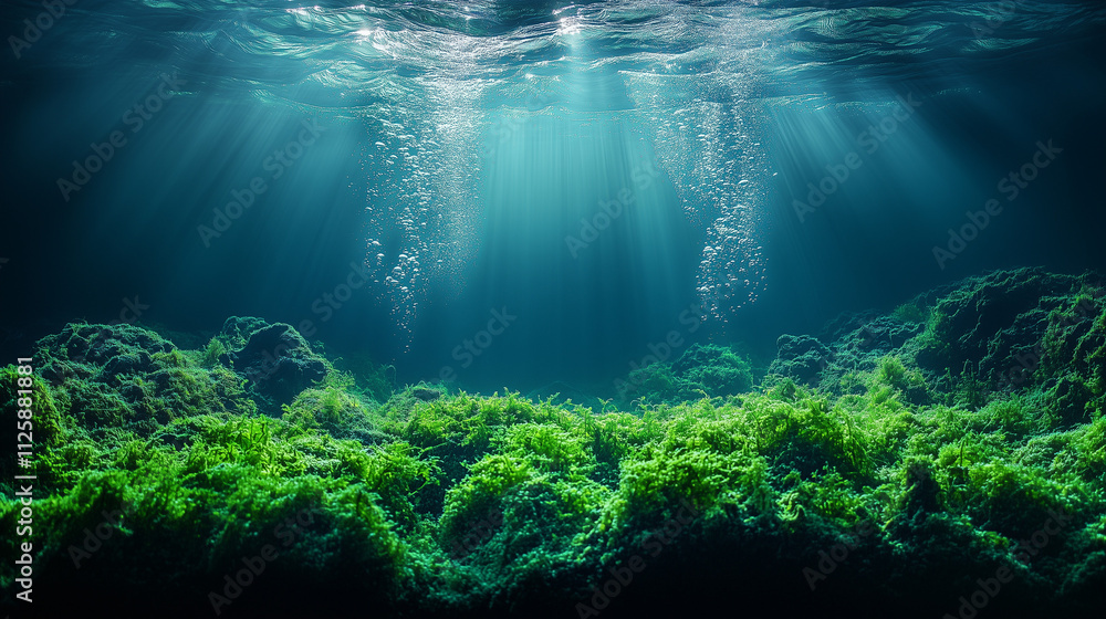 Obraz premium Underwater Serenity: Sunbeams dance through the crystal-clear water, illuminating a vibrant underwater landscape of lush green seaweed and rocky formations. Bubbles rise gently towards the surface.
