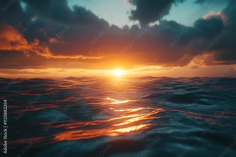 Obraz premium A serene sunset over a calm ocean, reflecting vibrant colors on the water's surface.