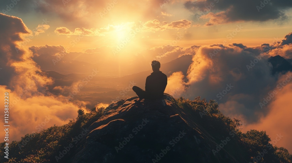 Obraz premium Silhouette of a man sitting on a rock with sunset and clouds in the background