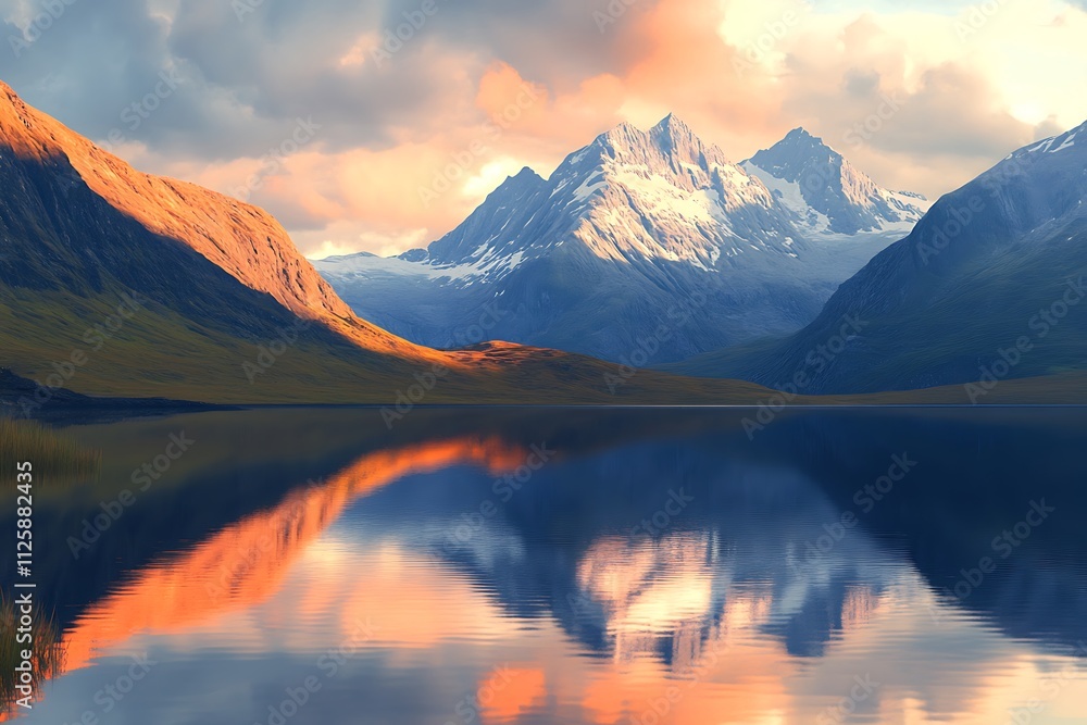 Serene mountain landscape reflecting on a tranquil lake at sunset. Serene mountain landscape reflecting on a tranquil lake at sunset.