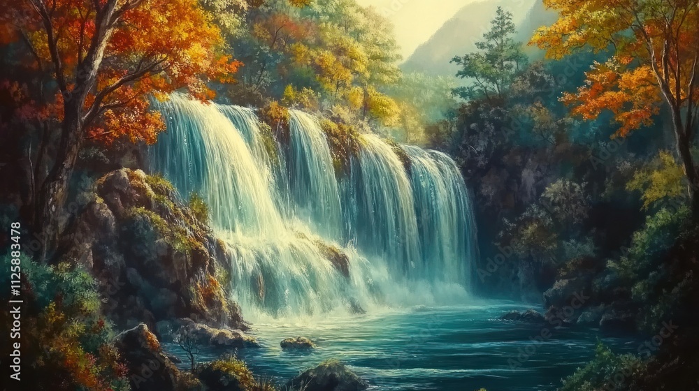 Autumn Waterfall Serenity: A Cascading Jewel in Nature's Embrace Autumn Waterfall Serenity: A Cascading Jewel in Nature's Embrace