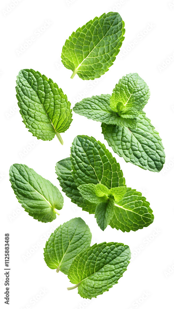 flying fresh mint leaves isolated on transparent white background, clipping path flying fresh mint leaves isolated on transparent white background, clipping path