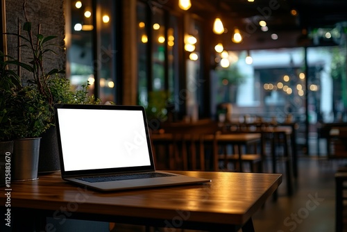 Laptop with blank screen on wooden table in cafe. (7) photo