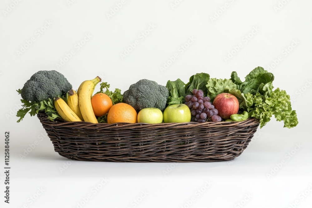 A dark brown wicker basket overflowing with fresh fruits and vegetables including bananas, oranges, apples, grapes, broccoli, and leafy greens, set against a clean white background. A dark brown wicker basket overflowing with fresh fruits and vegetables including bananas, oranges, apples, grapes, broccoli, and leafy greens, set against a clean white background.
