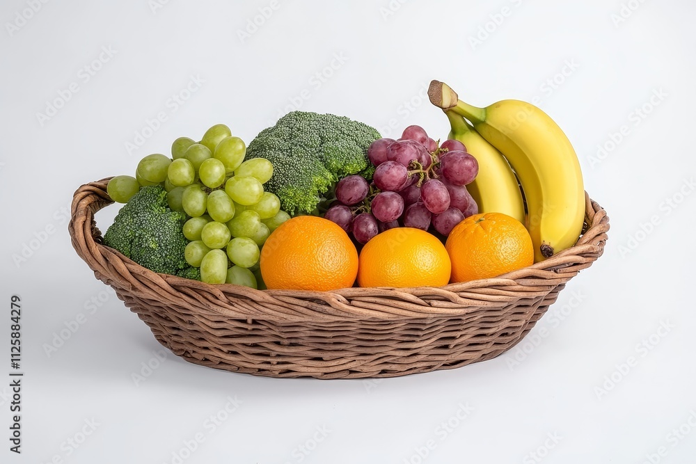 Fresh fruit and vegetable arrangement in a wicker basket. Fresh fruit and vegetable arrangement in a wicker basket.