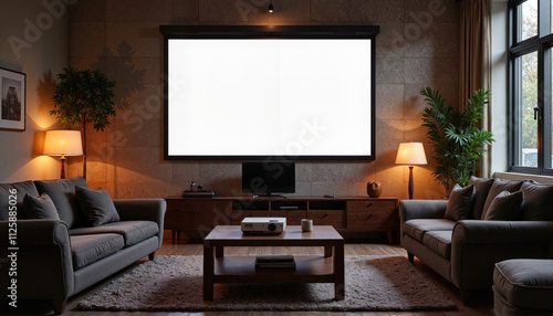 Cozy living room with projector screen and warm lighting