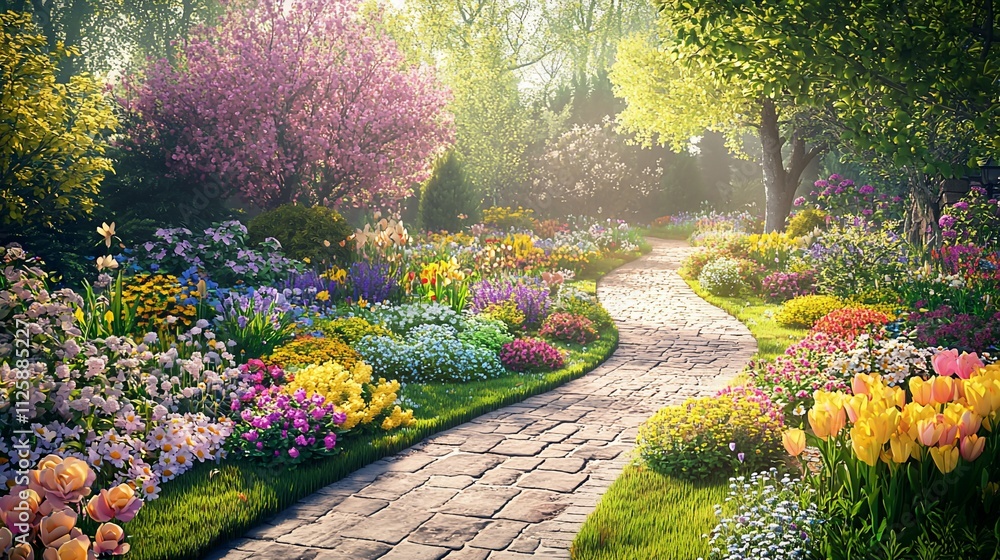 Obraz premium Serene spring garden path with colorful flowers and lush greenery.