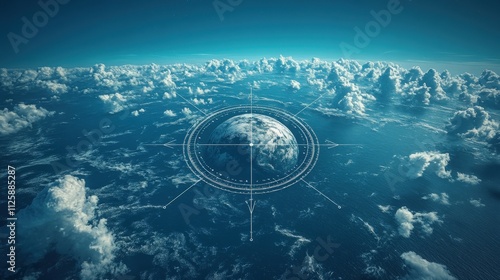 Ethereal Perspective of Earth Surrounded by Clouds with Compass Elements Illustrating Navigation and Exploration in a Bright Sky Environment