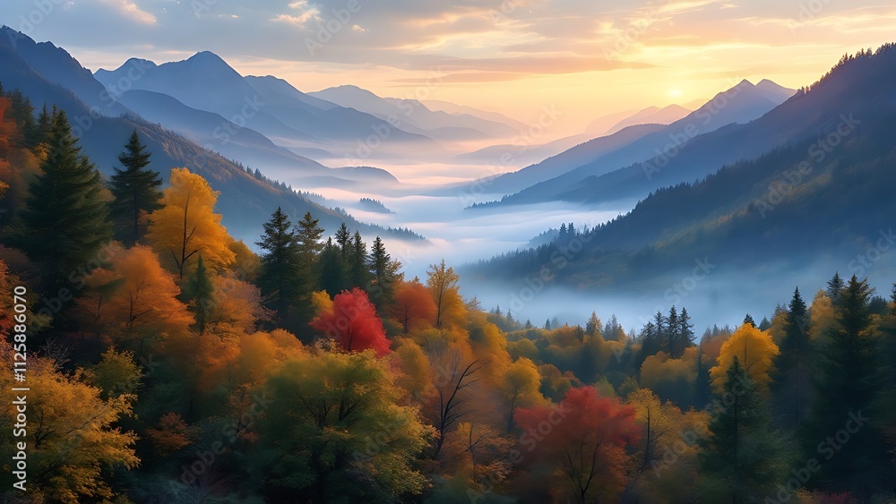 View of the autumn forest in mountains on sunset View of the autumn forest in mountains on sunset