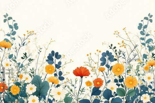 A vibrant floral illustration featuring various colorful flowers and greenery.