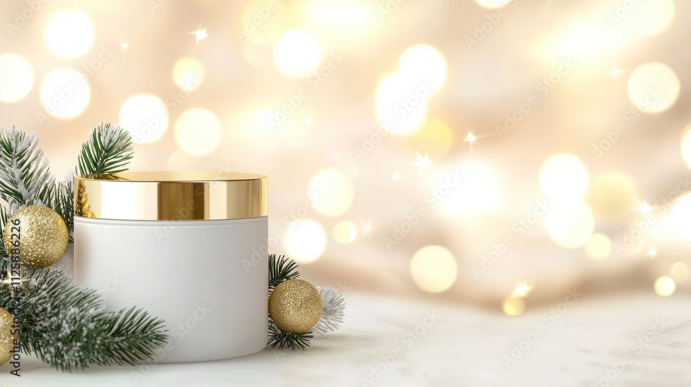 A white cosmetic jar with shimmering gold lid, surrounded by festive decorations, evokes warm holiday spirit A white cosmetic jar with shimmering gold lid, surrounded by festive decorations, evokes warm holiday spirit