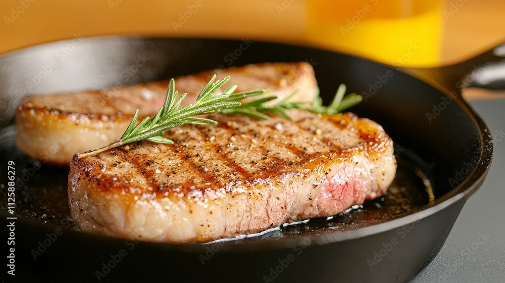 Sizzling Steaks in Cast Iron Pan Rosemary Garnish Gourmet Meal Sizzling Steaks in Cast Iron Pan Rosemary Garnish Gourmet Meal