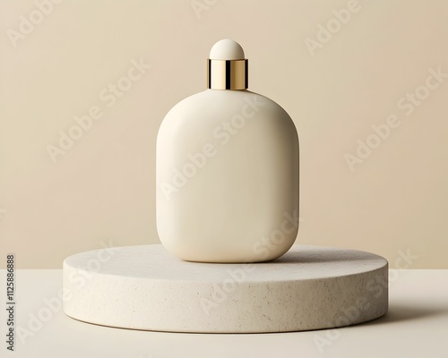 A bottle of perfume is sitting on a white pedestal