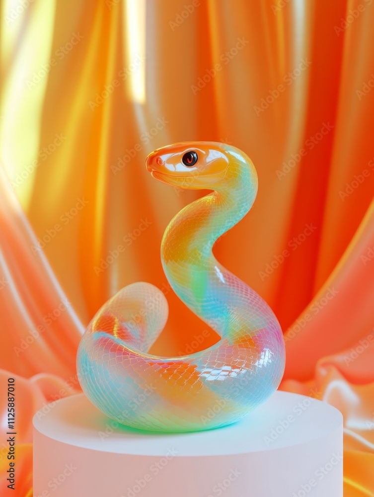 Fototapeta premium Abstract colorful snake sculpture placed on a glowing surface