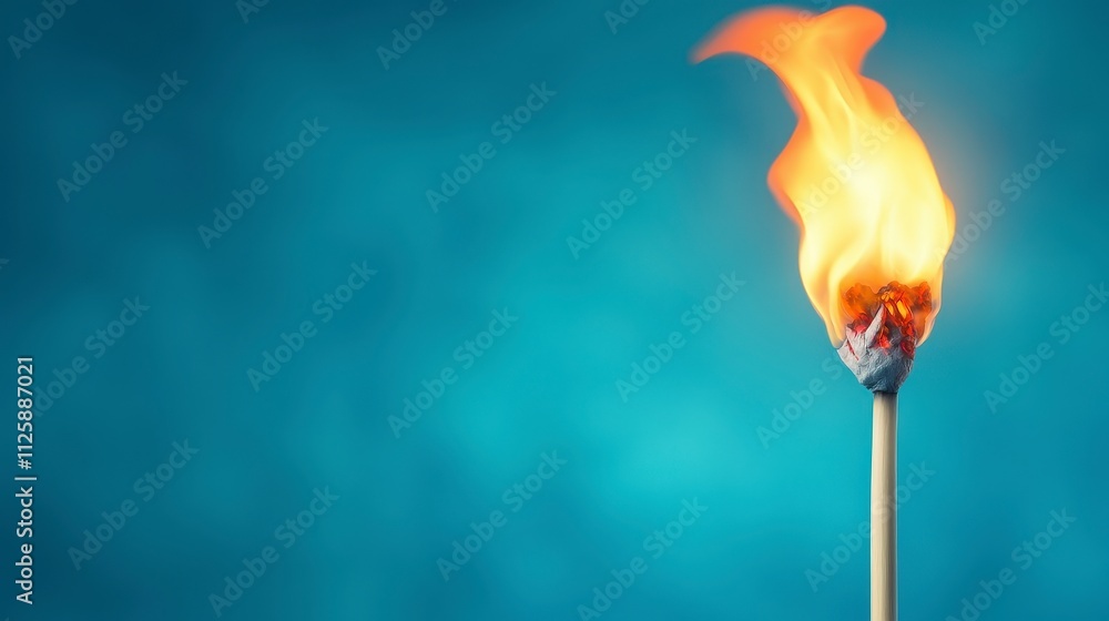 Burning Matchstick on Blue Background Fire Flame Ignition Light Burning Matchstick on Blue Background Fire Flame Ignition Light