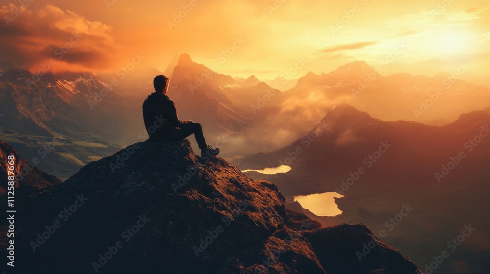 Silhouette of a man sitting on a mountaintop, watching the sunset over a valley Silhouette of a man sitting on a mountaintop, watching the sunset over a valley
