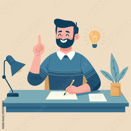 cheerful man sitting at a desk flat vector