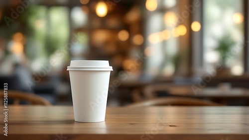 White coffee to go cup on wooden table, mockup, Generative AI