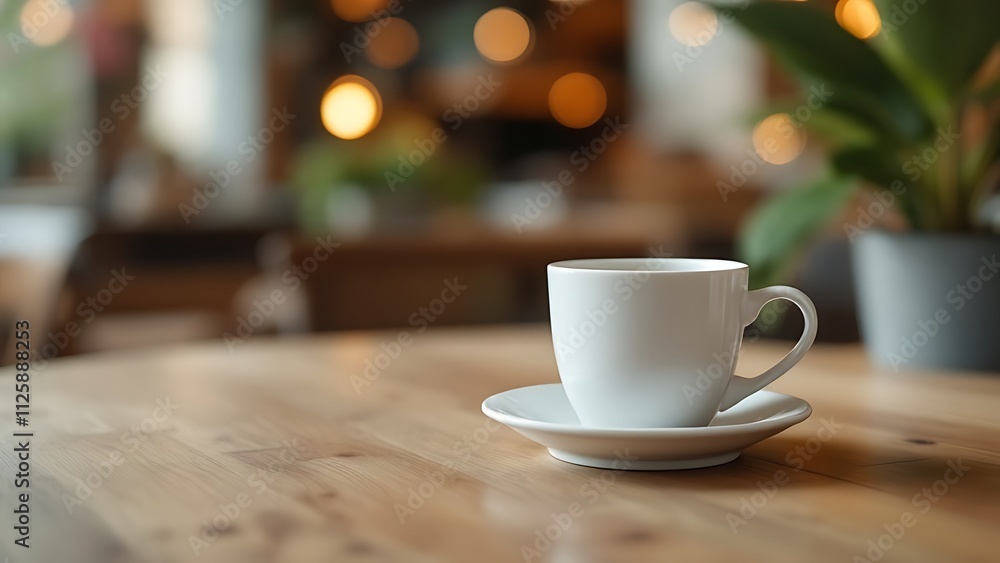 Fototapeta premium White coffee to go cup on wooden table, mockup, Generative AI