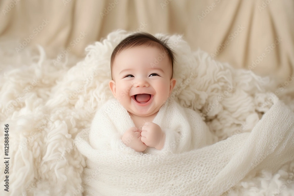 A cheerful baby wrapped in soft white fabric, cozy, fluffy blankets. New born smiling ,heartwarming,beige background. A cheerful baby wrapped in soft white fabric, cozy, fluffy blankets. New born smiling ,heartwarming,beige background.