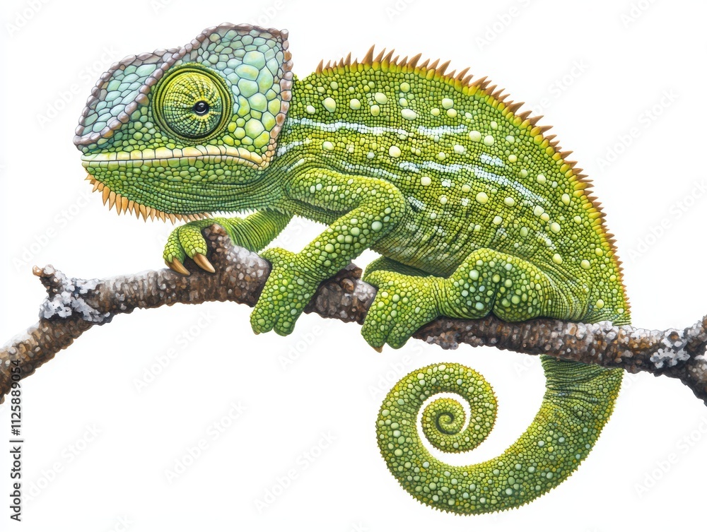 A vibrant green chameleon perched on a branch, showcasing intricate details. A vibrant green chameleon perched on a branch, showcasing intricate details.