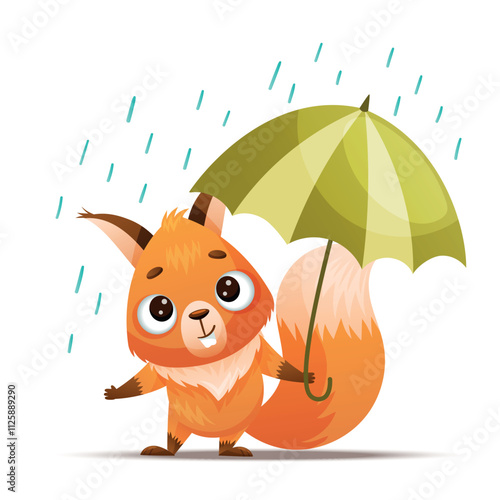 An adorable cartoon squirrel joyfully holding a bright green umbrella while playfully enjoying the rainy weather