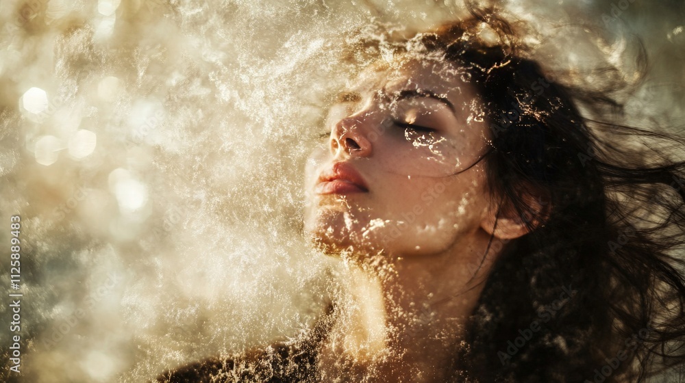Fototapeta premium Woman with eyes closed and water splashing on her face in a sunny beach setting.