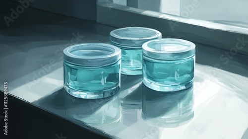 Serene Reflection of Cream Jars in Soft Ambient Light