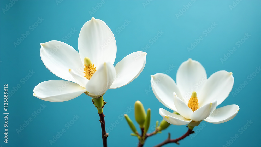 White Magnolia Blooms on Blue: Elegant white magnolia blossoms with golden accents on a vibrant blue background. Perfect for spring, floral, and nature themes. White Magnolia Blooms on Blue: Elegant white magnolia blossoms with golden accents on a vibrant blue background. Perfect for spring, floral, and nature themes.
