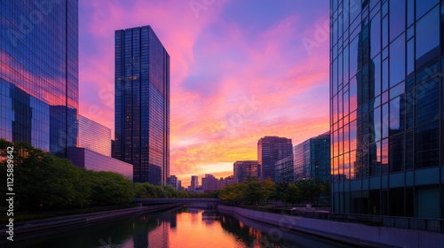 modern city skyline at sunset with vibrant colors photo