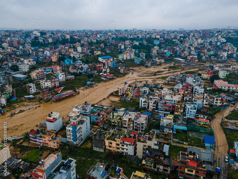Drone view of the Nakhu River flooded in Lalitpur, Nepal.. Drone view of the Nakhu River flooded in Lalitpur, Nepal..