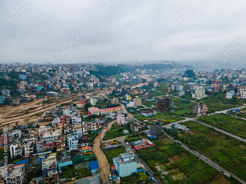 Drone view of the Nakhu River flooded in Lalitpur, Nepal.. photo