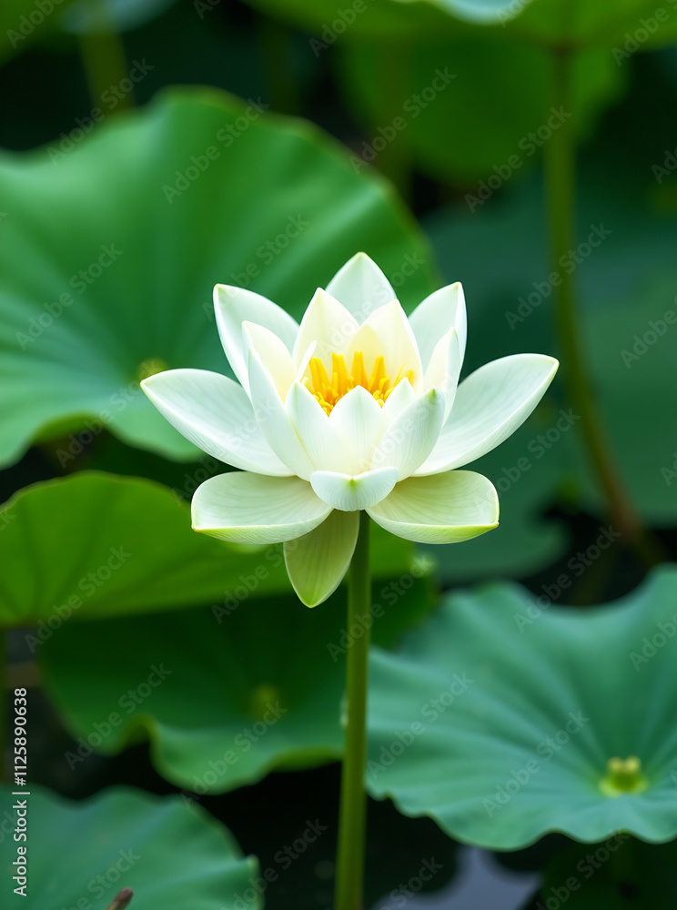 Tranquil Oasis: White Lotus and Green Leaves in Pond Tranquil Oasis: White Lotus and Green Leaves in Pond
